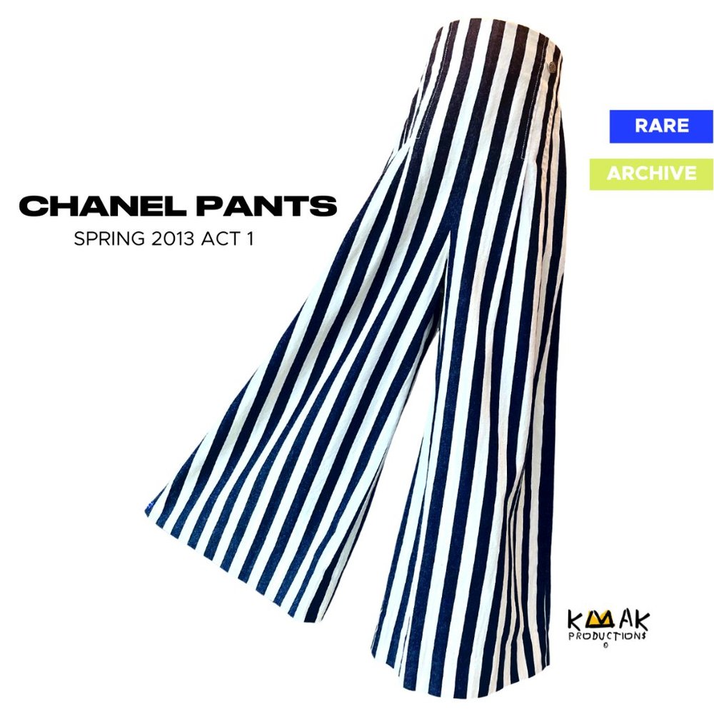 CHANEL Striped High-Waisted Wide Leg Pants